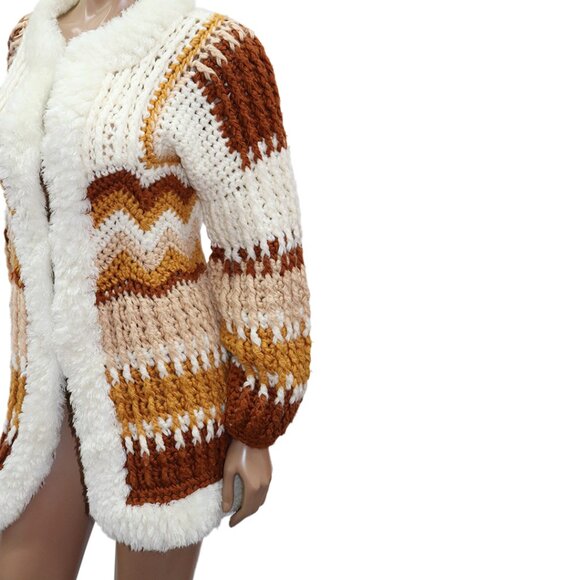 Vintage Chunky Handknit Boho Crochet Sweater Cardigan Jacket S-M - Picture 2 of 6